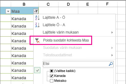 Tyhjennä suodatin kohteesta -painike