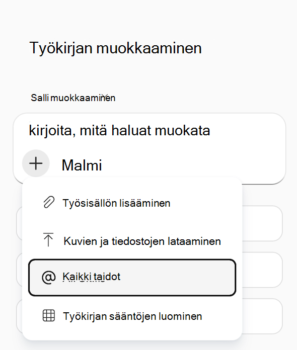Näyttökuva Excelin Copilotin Lisää työsisältöä -valikosta, jossa Kaikki taidot on korostettuna.