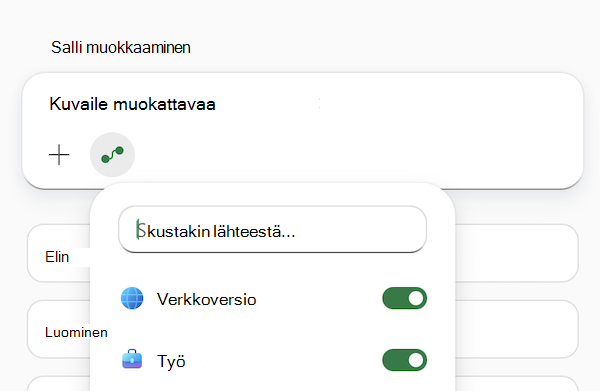 Näyttökuva Excelin Copilot-kehotekentästä, jossa Valitse lähteet -valikko on avattuna.