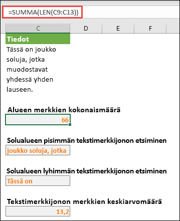 Laske alueen merkkien kokonaismäärä ja muut matriisit tekstijonon käsittelyä varten