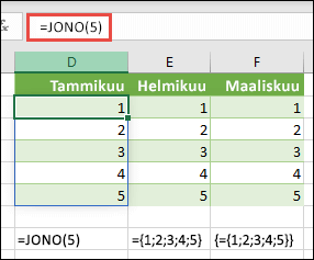 Luo pystysuora matriisivakio funktiolla =JONO(5), tai ={1;2;3;4;5}