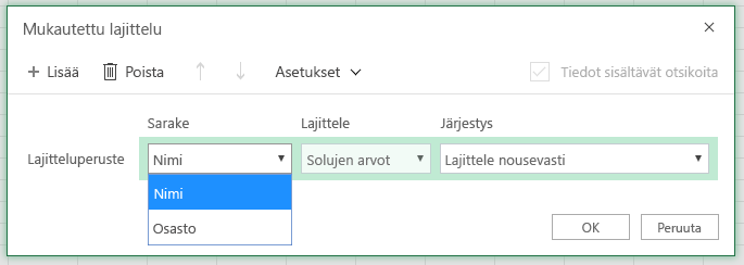 Mukautettu lajittelu -valintaikkuna, jossa on valittuna Lajittele rivin mukaan sarakkeen nimi