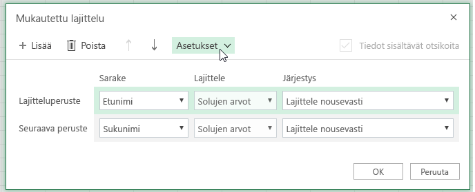 Mukautettu lajittelu -valintaikkuna, jossa valintanappi valittuna
