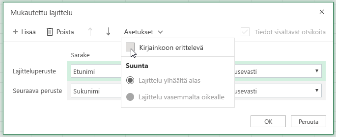 Mukautettu lajittelu -valintaikkunan palvelupyyntö, kun valintana on herkkä