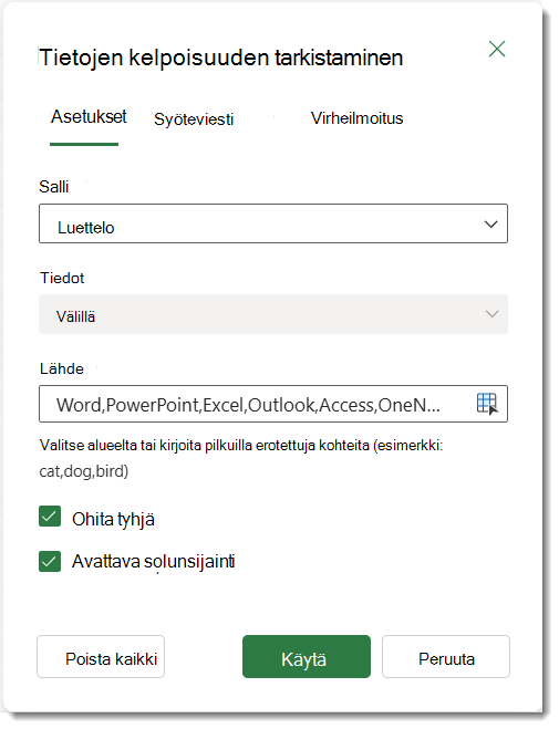 Tietojen kelpoisuuden tarkistamisasetukset