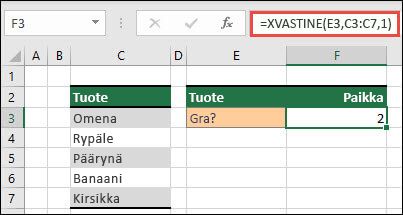 Excel-taulukko, jossa luetellaan eri hedelmätuotteet solusta C3 soluun C7. XVASTINE-kaavaa käytetään etsimään taulukon kohtaa, jossa teksti vastaa gra:ta (määritelty solussa E3). Kaava palauttaa tekstin 2 Grape on taulukossa sijalla kaksi.