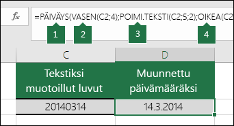Tekstimerkkijonojen ja numeroiden muuntaminen päivämääriksi