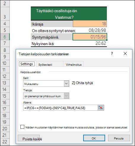 Esimerkki tietojen kelpoisuuden tarkistamisesta, kun merkintää rajoitetaan vähimmäisiällä