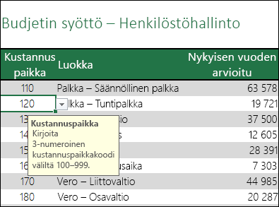 Sanoma tulee näkyviin, kun käyttäjä valitsee solun.