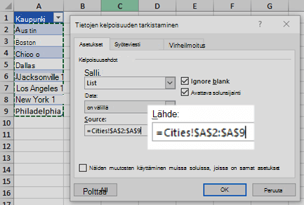 Tietojen kelpoisuuden tarkistaminen -luetteloasetukset
