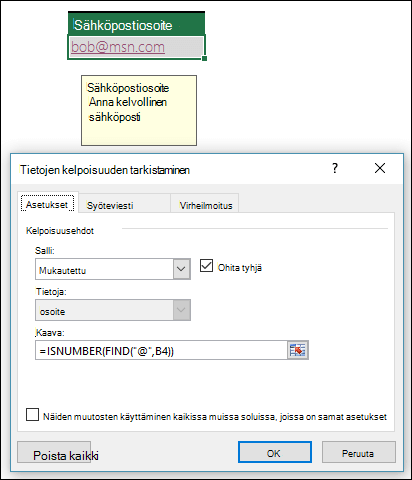 Esimerkki tietojen kelpoisuuden tarkistamisesta, kun varmistetaan, että sähköpostiosoite sisältää @-merkin