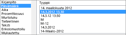 Muotoile solut -valintaikkuna, Päivämäärä-komento, 14.3.2012 13:30 PM-tyyppi