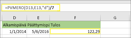=(PVMERO(D13,E13,d)/7) ja tulos: 122,29