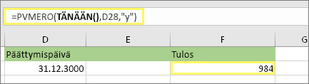 =PVMERO(TÄNÄÄN(),D28,y) ja tulos: 984