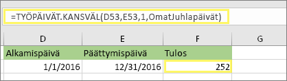 =TYÖPÄIVÄT. KANSVÄL(D53,E53,1,MyHolidays) ja tulos: 252