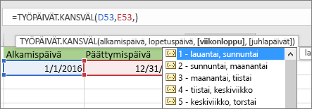 IntelliSense-luettelo, jossa näkyy 2 – sunnuntai, maanantai; 3 – maanantai, tiistai ja niin edelleen