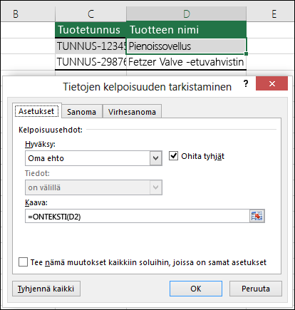 Esimerkki 2: Kaavat tietojen kelpoisuuden tarkistamisessa