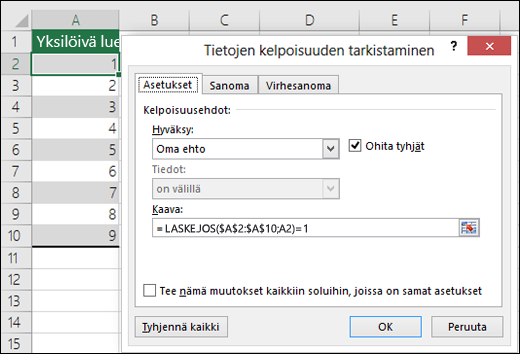 Esimerkki 4: Kaavat tietojen kelpoisuuden tarkistamisessa