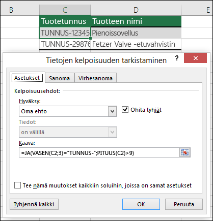 Esimerkki 6: Kaavat tietojen kelpoisuuden tarkistamisessa