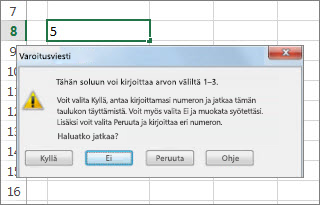 Varoitusviesti ilmaisee virheelliset tiedot