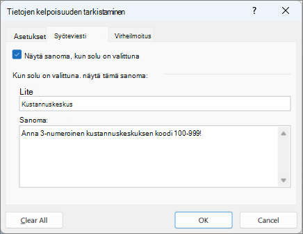 Syöttöviestin asetukset Tietojen kelpoisuuden tarkistaminen -valintaikkunassa
