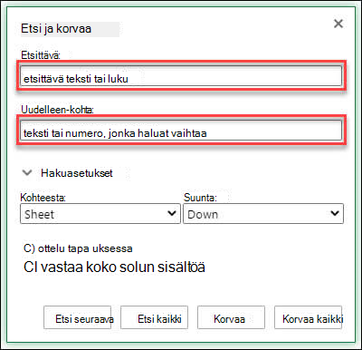 Työkirjan tai laskentataulukon tekstin tai numeroiden korvaaminen painamalla näppäinyhdistelmää Ctrl+H