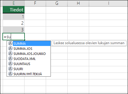 Excelin kaavan automaattinen täydennys