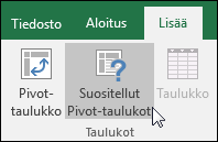 Jos haluat, että Excel luo Pivot-taulukon puolestasi, siirry kohtaan Lisää > suositellut Pivot-taulukot