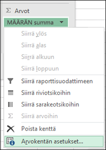 Excelin Arvokentän asetukset -valintaikkuna