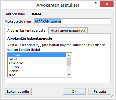 Excelin Arvokentän asetukset -valintaikkunan Arvojen laskentaperuste -asetus
