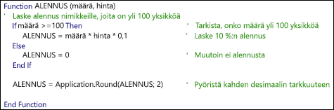 Esimerkki VBA-funktiosta kommenttien kanssa