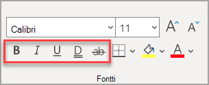 Aloitus-välilehden Fontti-osa, jossa tehosteet näkyvät korostettuina.