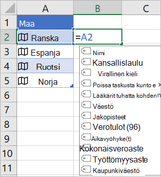 Solu A2 sisältää Ranskan; Solussa B2 lukee =A2. ja näkyviin tulee kaavan automaattisen täyttämisen valikko, jossa näytetään linkitetyn tietueen kentät