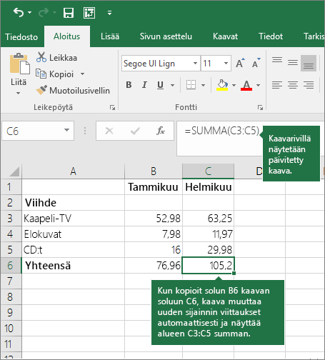 Kun kopioit kaavan, soluviittaukset päivitetään automaattisesti.