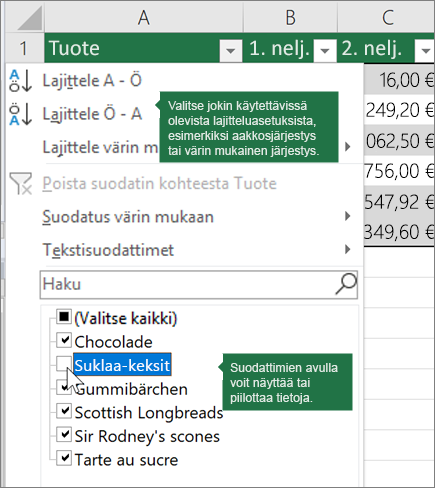Lajitteleminen tai suodattimen käyttäminen taulukossa