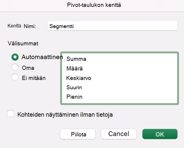 Pivot-taulukon kentän lisääminen