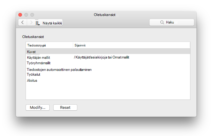 näyttökuva Microsoft Word Tiedostojen sijainti -asetuspaneelista