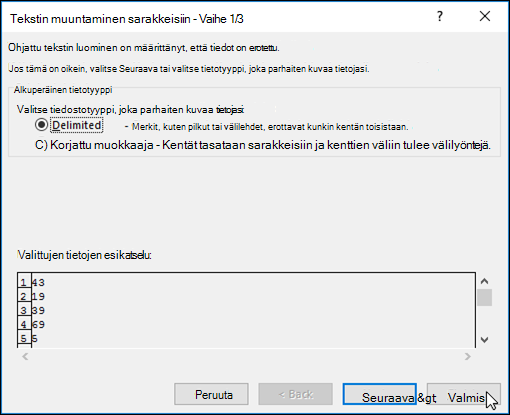 Kuva Tietoteksti > sarakkeisiin -valintaikkunasta