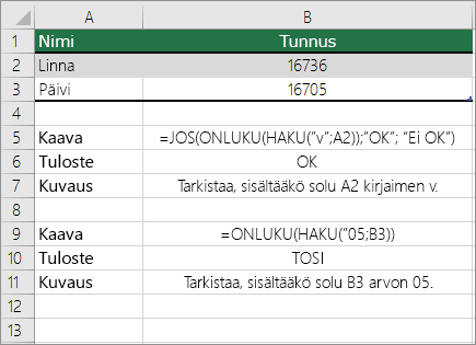 Esimerkkejä JOS-, ONLUKU- ja KÄY.LÄPI-funktioista