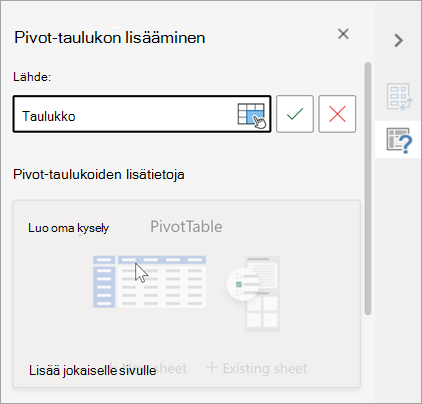 Lisää Pivot-taulukko -ruutu, jossa sinua pyydetään käyttämään taulukkoa tai aluetta lähteenä ja sallitaan kohteen muuttaminen.