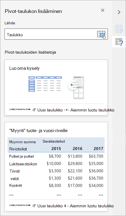 Lisää Pivot-taulukko -ruudussa voit määrittää Pivot-taulukon lähteen, kohteen ja muut ominaisuudet.