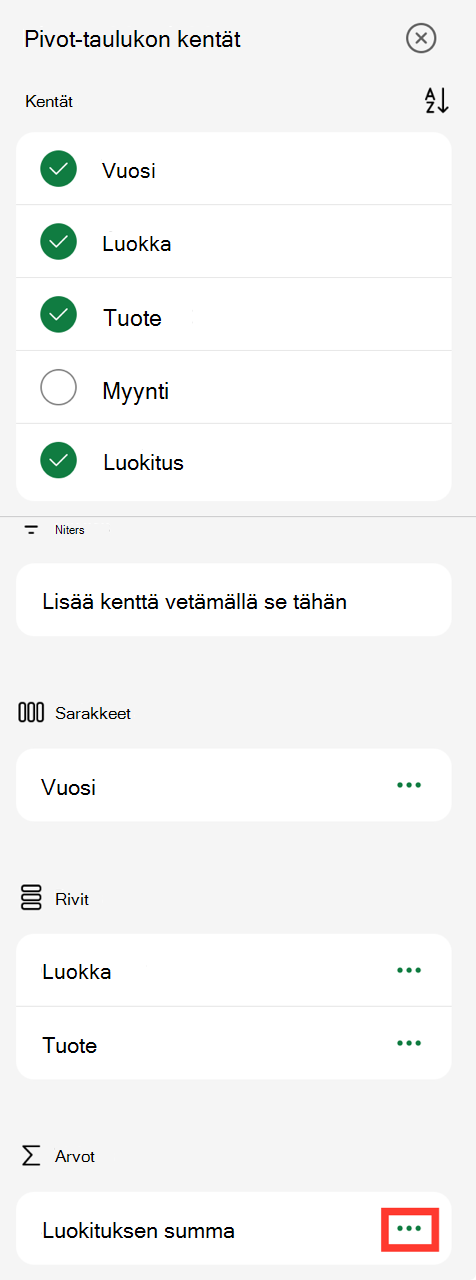 Pivot-taulukon kenttien arvot, kolme pistettä iPadissa