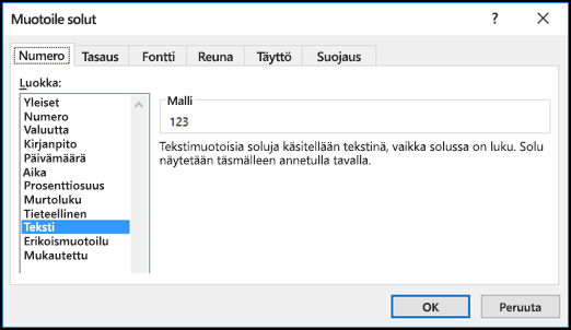 Muotoile solut -valintaikkuna näyttää Numero-välilehden ja Teksti-asetuksen valittuna