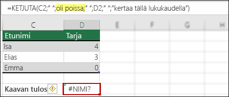 #NIMI?-virhe, koska tekstiarvoista puuttuvat kaksinkertaiset lainausmerkit