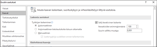 Näyttökuva Iteratiivinen laskenta -asetuksista