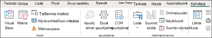 Näyttökuva Kehitystyökalut-välilehden Koodi-ryhmästä.