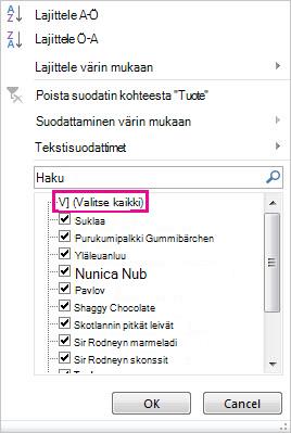 Suodatettavien tietojen valikoima