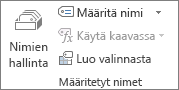 Kaavat-välilehden Määritetyt nimet -ryhmä