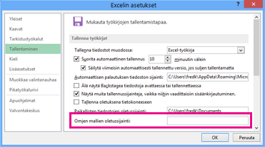 Määritettävät työkirjan tallentamisasetukset