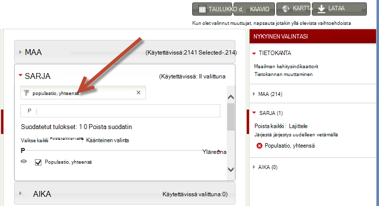 tietojoukon valinta worldbank.org -sivustolta